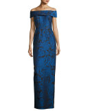 Off-the-Shoulder Floral Jacquard Column Gown, Blue