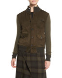 Suede-Front Sweater Jacket, Olive