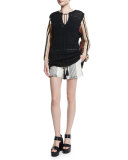 Striped Canvas Drawstring Shorts, Black/Natural