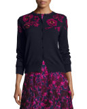 Rose-Embroidered Long-Sleeve Cardigan, Navy/Pink