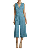 Saddle-Stud Linen-Blend Denim Jumpsuit