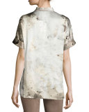 Josie Short-Sleeve Abstract-Print Silk Blouse, Ecru Multi