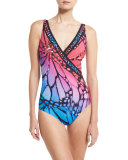 Monarch Surplice One-Piece Swimsuit, Multi Pink