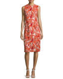 Sleeveless Jewel-Neck Lace Sheath Dress, Vermillion