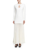 Long-Sleeve Cady Combo Gown W/Pleated Skirt, Ivory