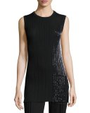 Sleeveless Ribbed Fringe-Trim Top, Black