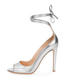 Metallic Leather Ankle-Wrap Pump, Silver