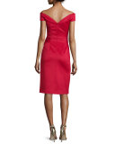 Off-the-Shoulder Draped Stretch Satin Sheath Dress, Molten