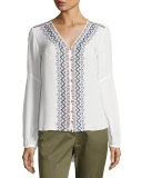 Dream Long-Sleeve Embroidered Silk Blouse, Off White