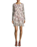Long-Sleeve Paisley Chiffon Dress, Winter White