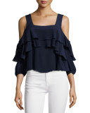 Viga Cold-Shoulder Silk Ruffle Top