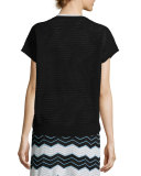 Short-Sleeve Bubble-Hem Zigzag Cardigan, Black