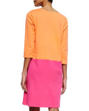 3/4-Sleeve Colorblock Dress, Fuchsia/Coral  