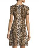 Short-Sleeve Leopard-Print Dress, Black/Camel