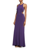 Sleeveless Crewneck Cutout Halter Gown, Plum