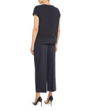 Short-Sleeve Metallic Eyelet Sweater, Ink Metallic