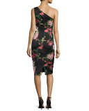 One-Shoulder Floral Jersey Cocktail Dress, Black/Pink