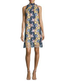 Sleeveless Floral Lace Cocktail Dress, Navy/Multicolor