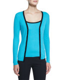 Contrast-Trim Long-Sleeve Cashmere Cardigan, Aqua