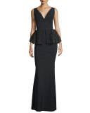 Sleeveless V-Neck Peplum Gown, Black
