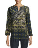 Adeline Bracelet-Sleeve Printed Silk Blouse, Galaxy Blue Multi