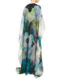 Embellished-Neck Floral-Print Caftan, Green Floral