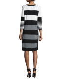 Multi-Stripe 3/4-Sleeve Sweaterdress, Ivory/Gray/Black, Petite