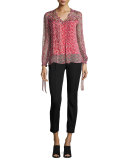 Brunella Floral-Print Lace-Yoke Silk Blouse, Multi