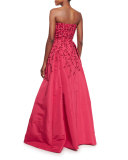 Floral-Embroidered Strapless Ball Gown, Raspberry/Black