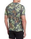 Camo-Print Mesh V-Neck Tee, Camo