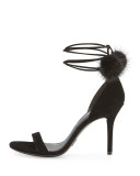 Rosemary Mink Fur-Pompom Sandal, Black