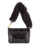 Finley Crocodile-Embossed Fur Shoulder Bag, Black