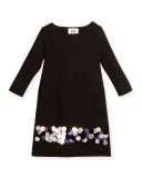 Long-Sleeve Sequin Ponte Shift Dress, Black/Multicolor, Size 8-14