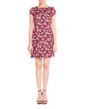 Poppy-Print Cap-Sleeve Dress, Multi Pattern