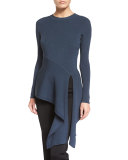 Long-Sleeve Ribbed Sweater w/Asymmetric Hem, Lake