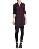 Button-Front Plaid Boyfriend Long Shirt, Red/Multi