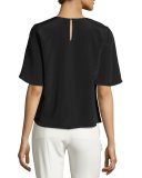 Short-Sleeve Draped-Front Top, Black