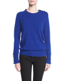Button-Trim Crewneck Sweater, Bright Navy