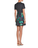Short-Sleeve Floral Denim Dress, Blue/Green