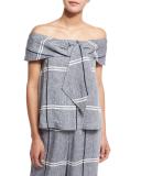 Off-the-Shoulder Plaid Linen-Blend Blouse, Chambray