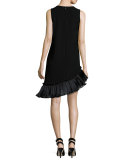 Stone Asymmetric Ruffle-Trim Shift Dress, Black