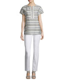 Lula Short-Sleeve Striped Blouse, Mica/Multi