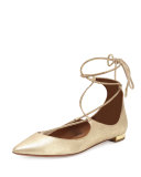 Christy Lace-Up Pointed-Toe Flat, Light Gold