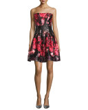 Strapless Floral-Print Party Dress, Pink/Black