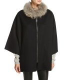 Wool-Blend Cape w/ Fox Fur Collar, Black/Navy