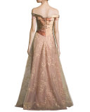 Off-the-Shoulder Pleated Bodice Gown 