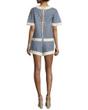 Open-Back Micro-Stripe Top w/Braid & Fringe Trim, Blue