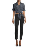 Short-Sleeve Windowpane Wrap Blouse, Black/White