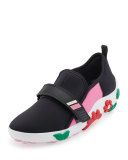 Neoprene Flower-Heel Sneaker, Black/Pink