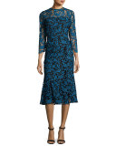 3/4-Sleeve Lace Two-Tone Midi Dress, Blue/Black